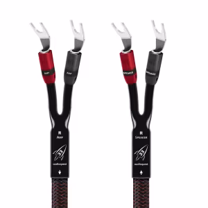 Audio Arte - магазин за аудио и видео техника AudioQuest Rocket 33 speaker cable with black‑red braid, solid PSC/LGC conductors and Double Star‑Quad geometry, SureGrip connectors