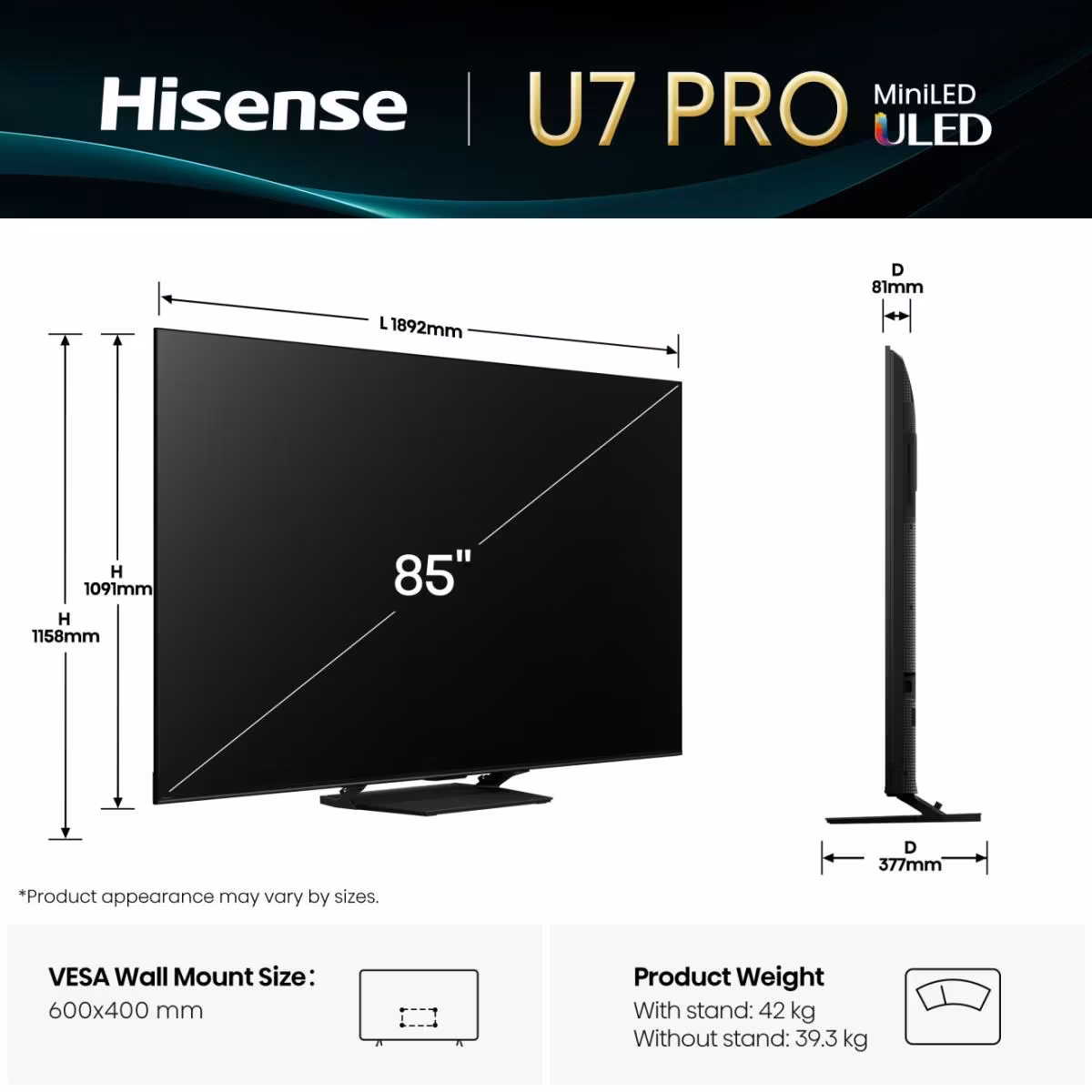 Телевизор Hisense 85 '' U7Q PRO Hisense 85 '' U7Q PRO 4K Mini-LED ULED Smart TV