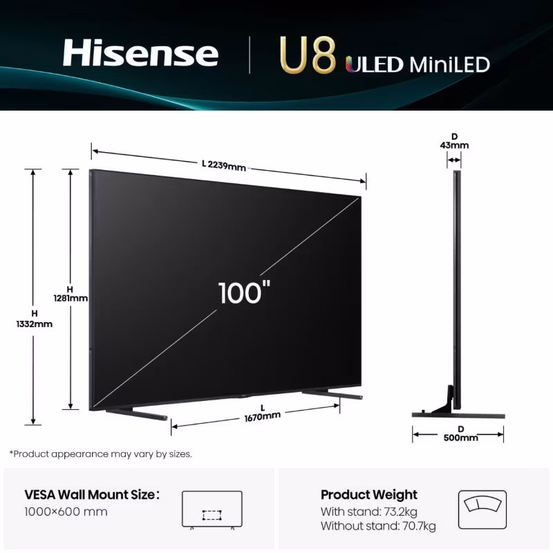 Телевизор Hisense 100U8Q Hisense 100U8Q – 100 инча 4K ULED Mini LED Smart TV