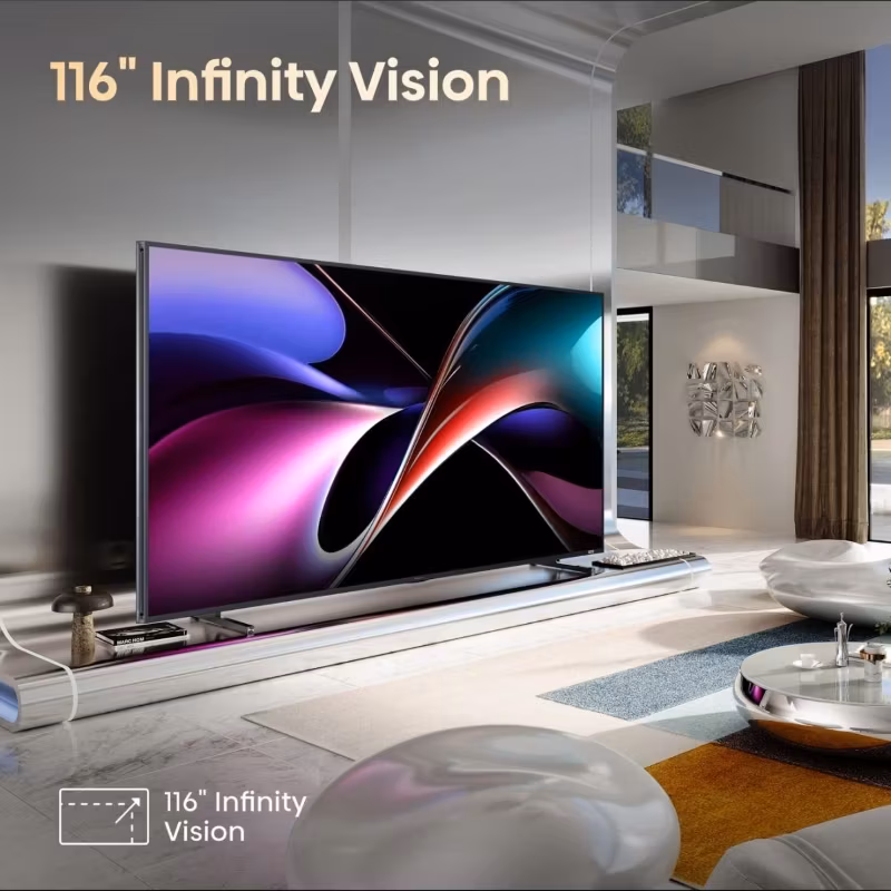 Телевизор Hisense 116UXQ Hisense 116UXQ огромен 116-инчов телевизор с RGB Mini-LED технология